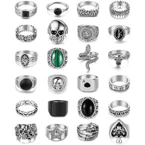 Vegolita 24PCS Punk Rings Set for Men Vintage Cool Gothic Rings Sliver Hippie Stacking Knuckle Ring Skull Snake Poker Rings Pack