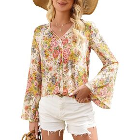 SDEER Women's Floral Print Shirt Blouses V Neck Trumpet Long Sleeve Loose Fit Casual Blouses Tops