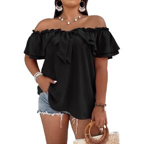 MakeMeChic Women's Plus Size Off Shoulder Tie Front Layered Ruffle Short Sleeve Blouse Top