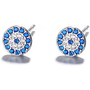 BG&WLing Blue Evil Eye Stud Earrings 925 Sterling Silver Round Earring Studs Hypoallergenic Chic Cubic Zirconia Studs Dainty Jewelry for Women Teen Girls Men