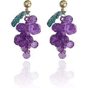 Unique Cute Creative Fruits Dangle Drop Earrings Transparent Sparkly Crystal Purple Grape Earring match Green Leaf for Women Girls Statement Beach Holiday Jewelry Gifts