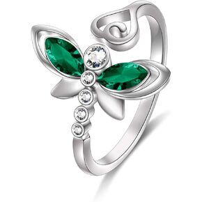 AOBOCO Sterling Silver Dragonfly Adjustable Open Ring, Crystals from Austria, Adorable Insects in My Little Garden Series, Fine Jewelry Gifts for Women