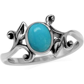 Silvershake 8X6mm Genuine Oval Cabochon Stone 925 Sterling Silver Leaf Vintage Inspired Ring Jewelry for Women or Teens