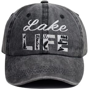 Lake Life Hat, Embroidered Adjustable Baseball Cap Distressed Vintage Washed Cotton Denim Dad Hats