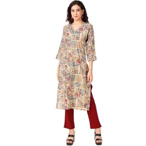 ladyline Womens Maslin Silk Printed Tunic Top Mirror Work Embroidered V Neck Long Kurti Kurta