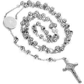 Flongo Mens Women Vintage Jesus Christ Crucifix Stainless Steel Cross Rosary Beads Pendant Necklace, 29 inch Chain