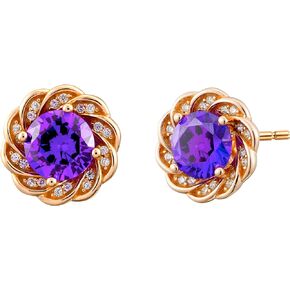 Victorian Amethyst Crystal Stud Earrings in 925 Sterling Silver & 14K Rose Gold PVD