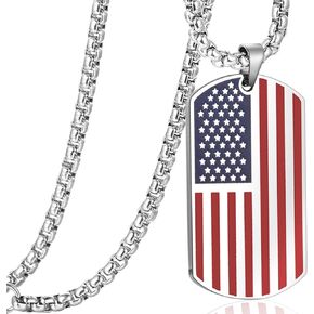 American USA Flag Dog Tag Pendant Necklace for Boy Women Men 24" Chain KEEP American Great on the back