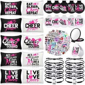 80 Pcs Cheer Gifts 10 Cheer Makeup Bag 10 Adjustable Cheer Bracelets 10 Folding Cheerleading Makeup Mirror 50 Cheer Stickers Cheerleader Gifts for Cheer Team Party Favors