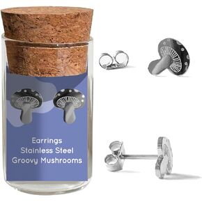 Groovy Mushroom Stud Earrings – Whimsical Nature-inspired Jewelry – Stainless Steel – 18k Gold – 18k Rose-Gold Plated – Cute Glass Jar Packaging – Plastic-Free