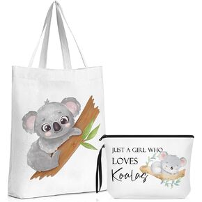 Sieral 2 Pieces Koala Gifts for Women Koala Lover Gifts Travel Cosmetic Bags Koala Portable Makeup Zipper Pouch and Canvas Tote Bag Reusable Koala Gifts for Girl Woman Lady