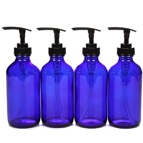 Vivaplex, 4, Large, 8 oz, Empty, Cobalt Blue Glass Bottles with Black Lotion Pumps
