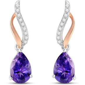 Jewelili Rose Gold over Sterling Silver with 9x6 MM Pear Amethyst and Round Created White Sapphire Dangle Earrings