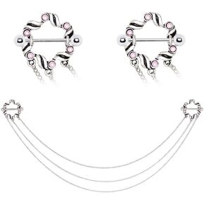 14GA Ribbon Nipple Piercing Shields with Pink Synthetic Pearls