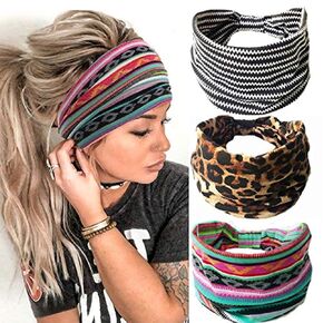 GORTIN Boho Headbands Leopard Hair Bands Knoted Turban Stretch Twist Head Wraps Stripe Cloth for Women and Girls 3 Pcs (Boho)