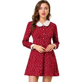 Allegra K Women's Valentine's Day Polka Dots Tie Neck Retro Vintage Contrast Peter Pan Collar Dress