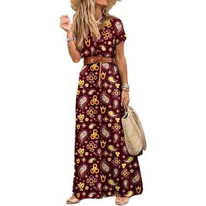 POPDM Women's Boho Floral Print Long Dress V Neck Long Sleeve High Waist Flowy Casual Maxi Dress with Belt 2023 in Kuwait
