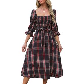 CUPSHE Women's Maxi Dress Square Neck Plaid Smocked Belted Ruffled 3/4 Trumpet Sleeve A Line Long Party Dresses