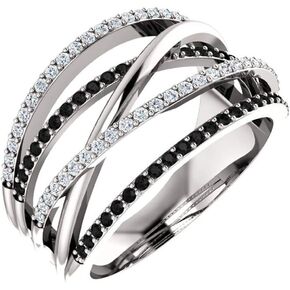 SSZUKOOU 925 Silver Jewelry Black & White Sapphire Two Tone Black and White Pave Cubic Zirconia CZ Criss-Cross Crystal Belt Design Band Ring Eternity Wedding Bridal Jewelry Gifts Women