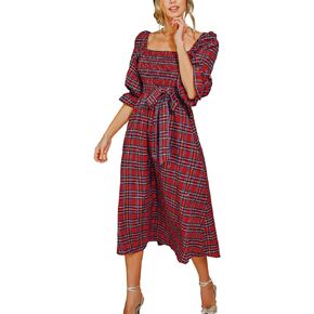 CUPSHE Women's Maxi Dress Square Neck Plaid Smocked Belted Ruffled 3/4 Trumpet Sleeve A Line Long Party Dresses