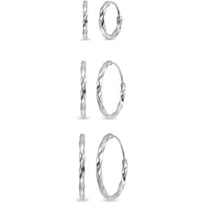 3 Pair Set Sterling Silver Twist Small Polished Round Unisex Endless Hoop Earrings, 12mm, 15mm, 18mm