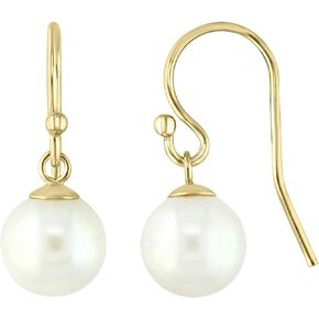 14K Yellow Gold AAAA 8-8.5mm Round White Freshwater Cultured Pearl Wire Hook Dangle Style Hook Drop Earrings