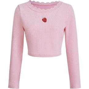 Verdusa Women's Lace Trim Long Sleeve Round Neck Embroidery Tee Top Crop T Shirt
