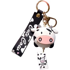 Boys Girls Creative Funny Cute Kawai Big Nose Round Cow Keychain, White Black Cow Good Luck Lucky Fortune Keycrings Bag Backpack Decoration Pendant Car Key Ring Gift -Black