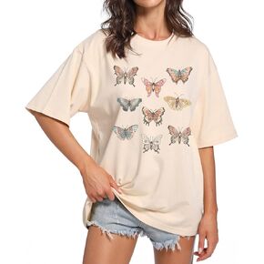 Fkatuzi Butterfly Oversized Vintage T Shirts for Women Sun and Moon Graphic Tee Casual Cotton Crewneck Short Sleeve Gray Tops