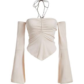Verdusa Women's Casual Ruched Halter Flounce Sleeve Open Back Rib Knit Crop Tee Top