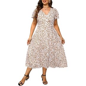 Women's Plus Size Button Front Floral Print Short Ruffle Sleeves Pockets Summer Midi Flowy Sundress