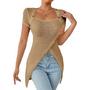 SweatyRocks Women's Button Front Wrap Hem Short Sleeve T Shirt Square Neck Plain Casual Tee Tops