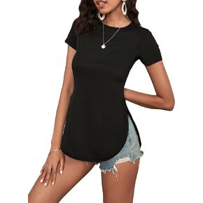 Floerns Women's Casual Split Side Curved Hem Round Neck Short Sleeve T-Shirt Tops
