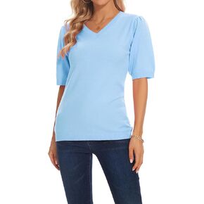 MINTLIMIT Women's Puff Short Sleeve Sweater Pullover Knit Tops Summer V-Neck Sweaters Casual Lightweight Soft Shirt Blouse