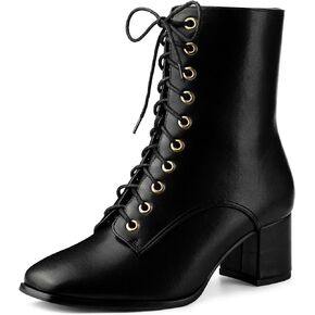 Allegra K Women's Lace Up Square Toe Chunky Heels Ankle Combat Boots