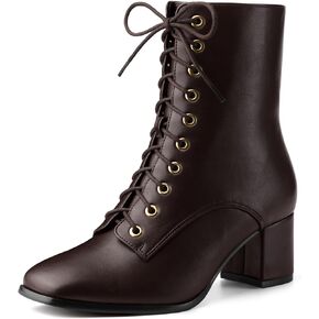 Allegra K Women's Lace Up Square Toe Chunky Heels Ankle Combat Boots