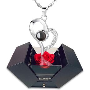Preserved Red Real Rose- With I Love You In 100 Languages Heart Necklace - Eternal Forever Flower Preserved - Jewelry Gifts For Her Valentine's Day,Womens Day, Birthday & Special Occasions