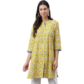 Janasya Indian Women's Yellow Cotton Floral Print Empire Tunic