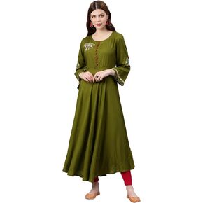 Yash Gallery Women's Rayon Buta Embroidered Anarkali Kurta (Olive green)