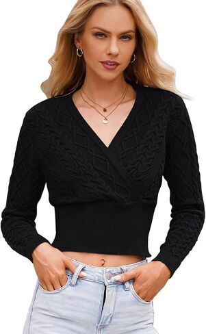 Kisscynest المرأة مثير التفاف الخامس الرقبة كابل متماسكة اقتصاص سترة البلوز الصلبة المحاصيل مضلع سليم البلوز in Kuwait