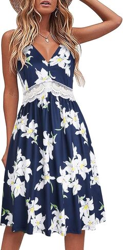 LAISHEN Women's 2024 Summer Casual Sundress V Neck Spaghetti Strap Lace Floral Beach Vacation Midi Dress in Saudi Arabia
