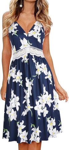 LAISHEN Women's 2024 Summer Casual Sundress V Neck Spaghetti Strap Lace Floral Beach Vacation Midi Dress in Saudi Arabia