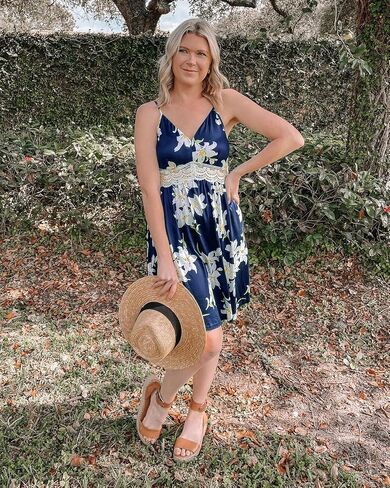 LAISHEN Women's 2024 Summer Casual Sundress V Neck Spaghetti Strap Lace Floral Beach Vacation Midi Dress in Saudi Arabia