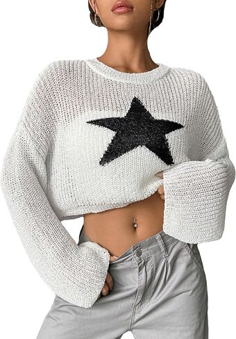Floerns Women's Graphic Pattern Long Sleeve Drop Shoulder Sweater Crop Top in Saudi Arabia