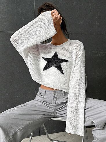 Floerns Women's Graphic Pattern Long Sleeve Drop Shoulder Sweater Crop Top in Saudi Arabia