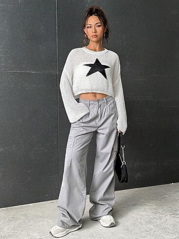 Floerns Women's Graphic Pattern Long Sleeve Drop Shoulder Sweater Crop Top in Saudi Arabia