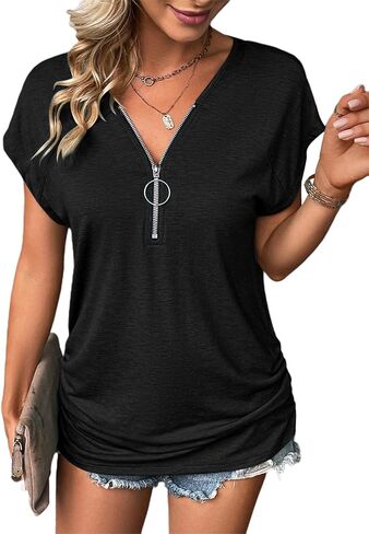 تي شيرت BBcoch برقبة على شكل حرف V وأكمام قصيرة للنساء صيفي كاجوال بأكمام منتفخة وقمصان تونيك فضفاضة in Kuwait