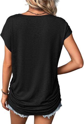 تي شيرت BBcoch برقبة على شكل حرف V وأكمام قصيرة للنساء صيفي كاجوال بأكمام منتفخة وقمصان تونيك فضفاضة in Kuwait