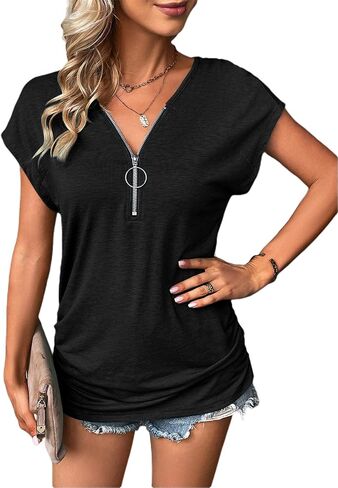 تي شيرت BBcoch برقبة على شكل حرف V وأكمام قصيرة للنساء صيفي كاجوال بأكمام منتفخة وقمصان تونيك فضفاضة in Kuwait