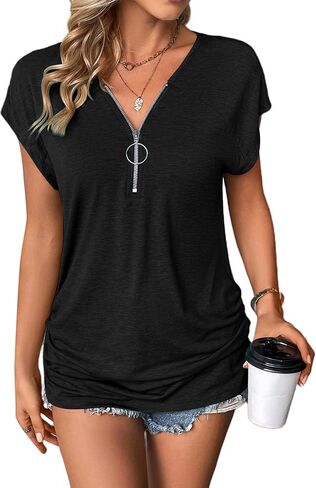 تي شيرت BBcoch برقبة على شكل حرف V وأكمام قصيرة للنساء صيفي كاجوال بأكمام منتفخة وقمصان تونيك فضفاضة in Kuwait